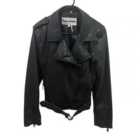 DKNY Jeans Faux-Leather Belted-Hem Moto Jacket Size Large - Picture 2 of 5